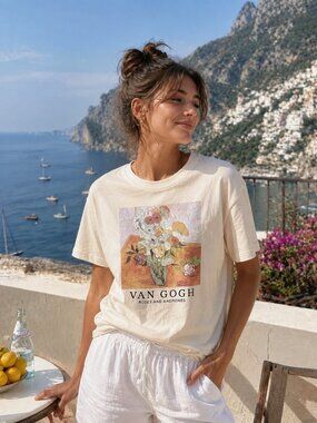 Van Gogh Roses and Anemones Short Sleeve Tee in Cream